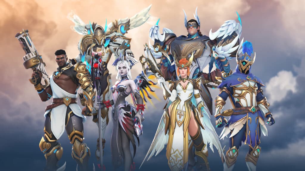 Archangel skins for Baptiste, Pharah, Mercy, Sigma, Freja, and Genji (Image via Blizzard Entertainment)