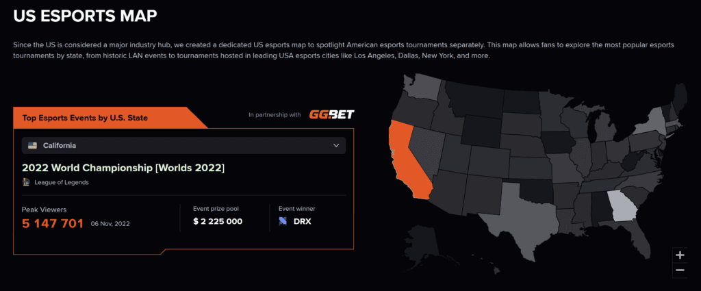 The most-viewed esports event in the United States was Worlds 2022 (Screenshot via esports.gg, Esports Map)