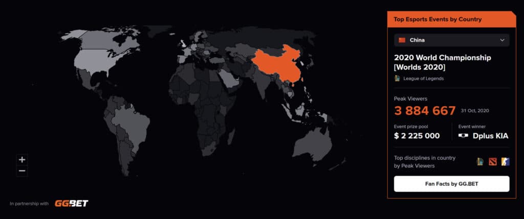 Click on any country on the Esports Map and you'll see the top esports events there, historically or this year (Screenshot via esports.gg, Esports Map)