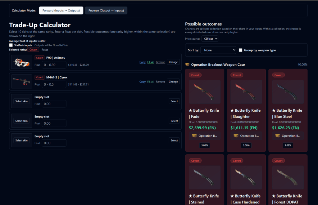 Using the trade-up calculator (Screenshot via esports.gg)