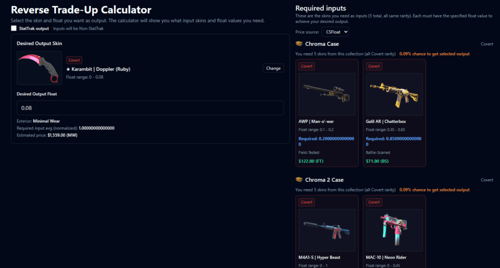 Using the trade-up calculator (Screenshot via esports.gg)