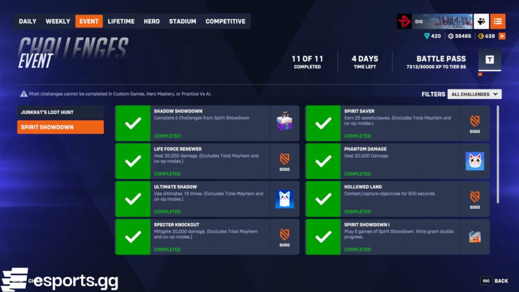 The Spirit Showdown challenges and rewards in Overwatch 2 (Screenshot via esports.gg)