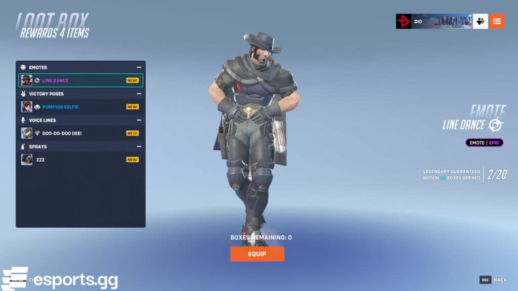 Open up loot boxes for in-game items such as emotes, victory poses, voice lines, sprays, and more (Screenshot via esports.gg)