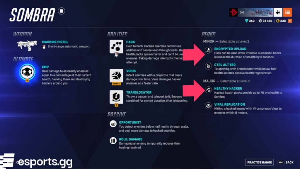 Sombra's Encrypted Upload and Healthy Hacker perks have updates (Screenshot via esports.gg)
