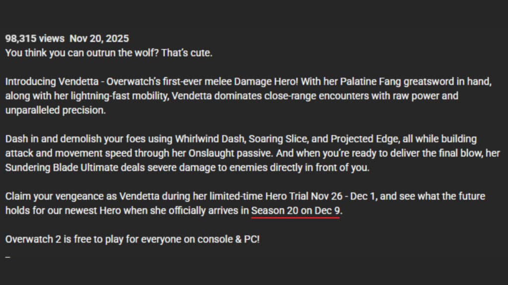 Vendetta's release date coincides with the launch of Overwatch 2 Season 20 (Screenshot via esports.gg)