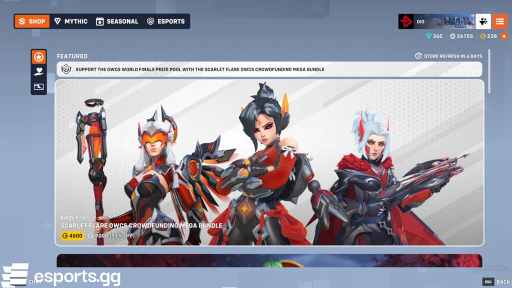 The Scarlet Angel Mercy, Scarlet Ember Juno, and Scarlet Flare Freja skins (Screenshot via esports.gg)