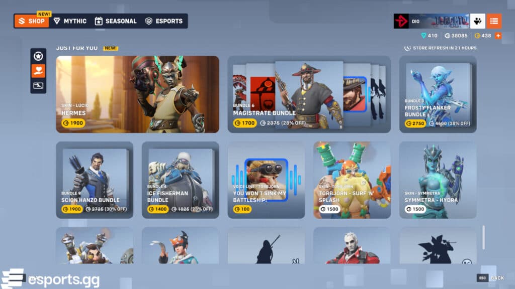 Overwatch 2's "Just For You" shop (Screenshot via esports.gg)
