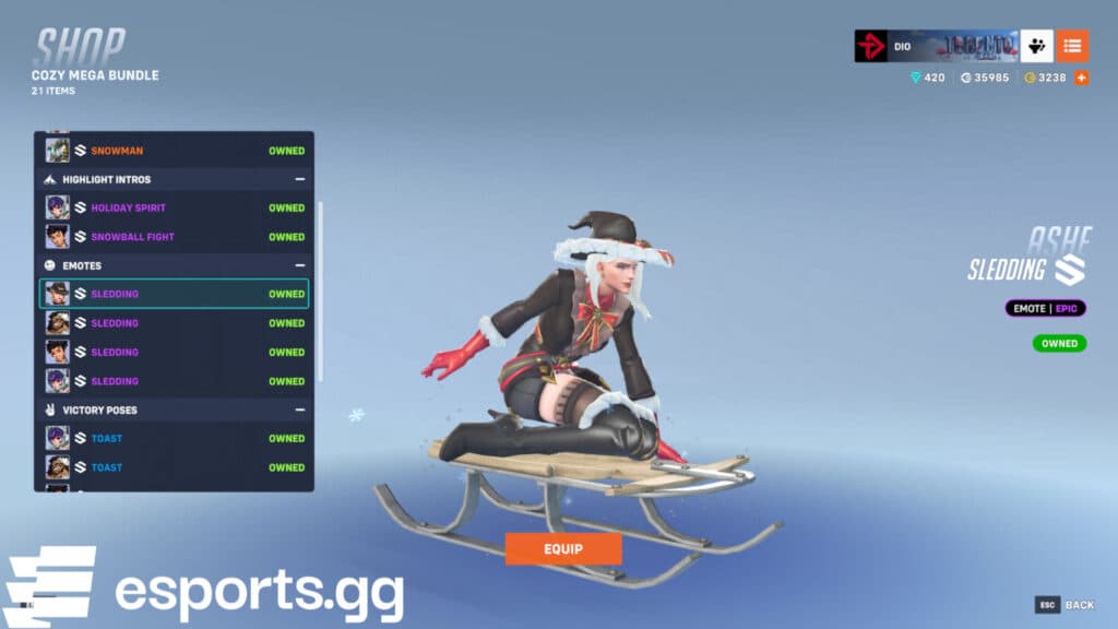 Sledding Ashe emote (Screenshot via esports.gg)