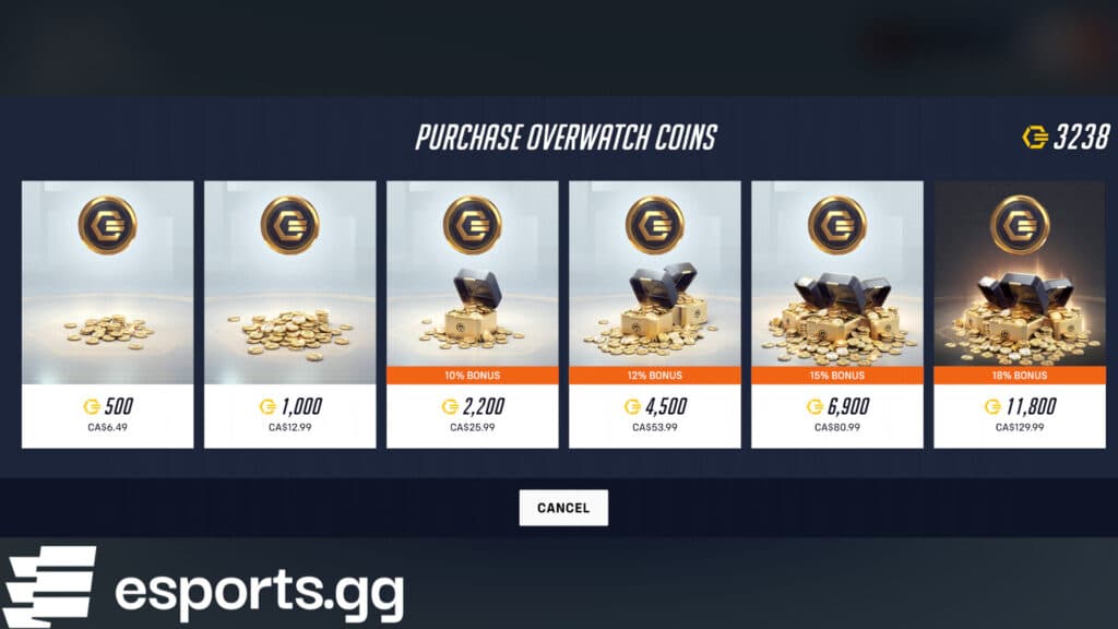 The price of Overwatch Coins (Screenshot via esports.gg)