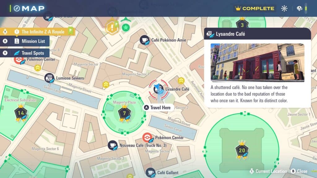Lysandre Café location in Pokémon Legends: Z-A (Screenshot via esports.gg)