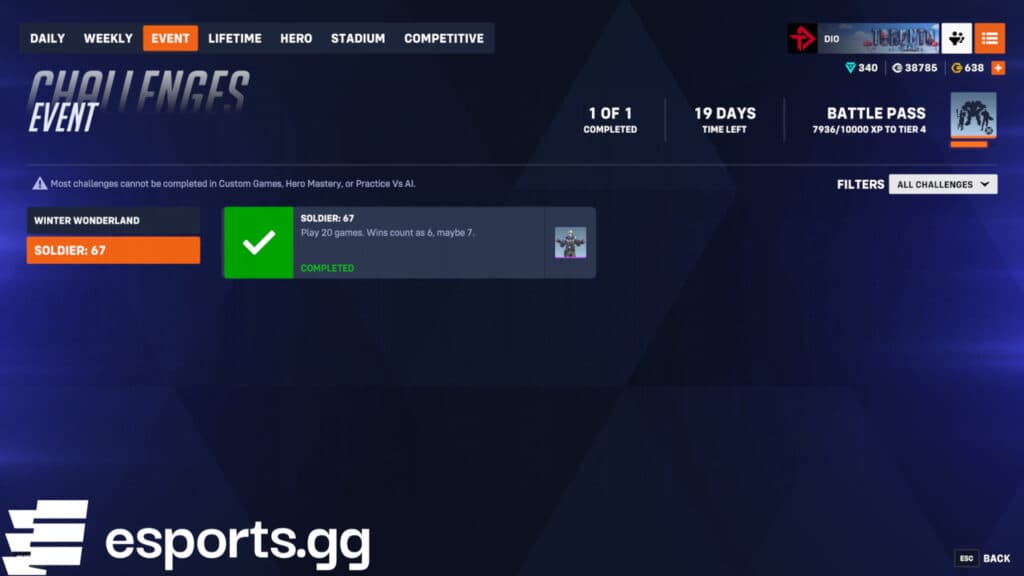 The Soldier: 67 event challenge in Overwatch 2 Season 20 (Screenshot via esports.gg)