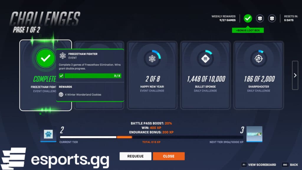 Complete Freezethaw Elimination matches to gain Winter Wonderland 2025 event progress (Screenshot via esports.gg)