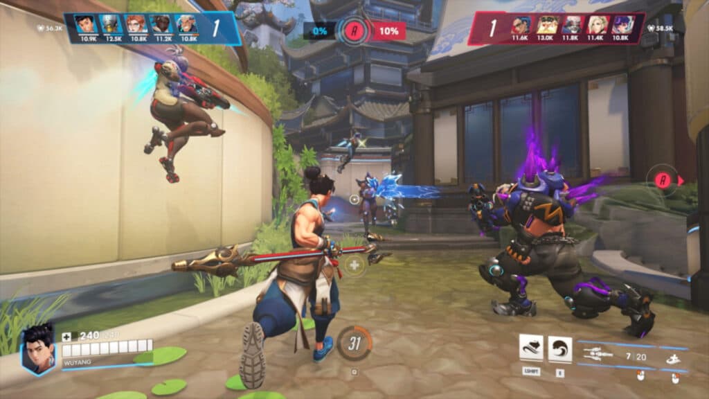 Sojourn, Wuyang, and Hazard versus Juno and Junker Queen in Overwatch 2 Stadium in Season 20 (Image via Blizzard Entertainment)