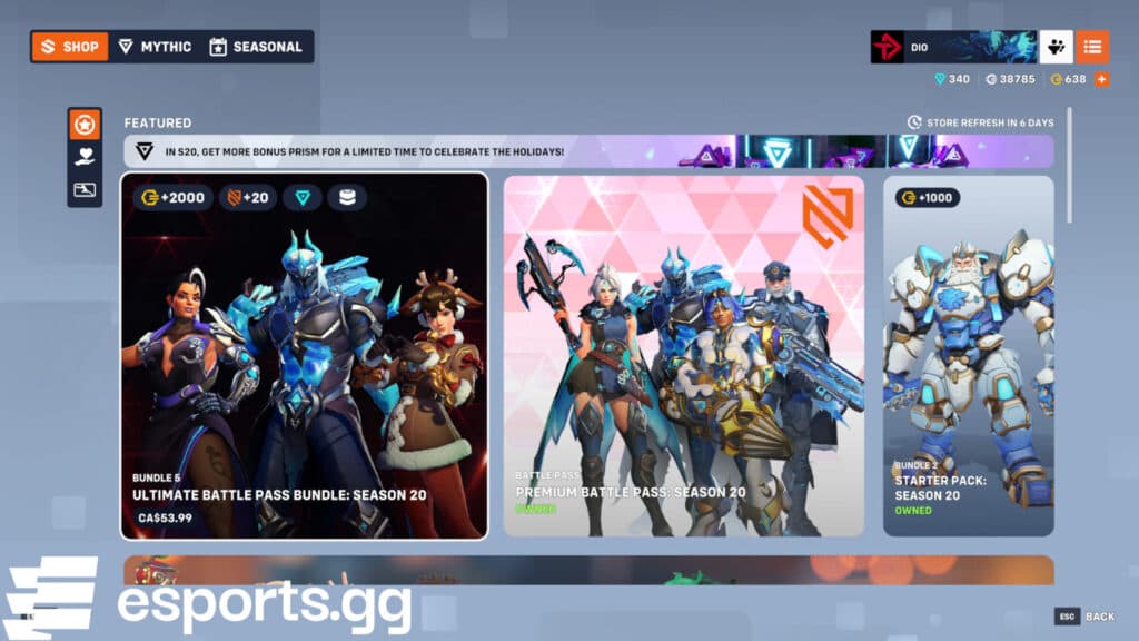 Featured skins include High Society Vendetta, Colder: 76, and more (Screenshot via esports.gg)