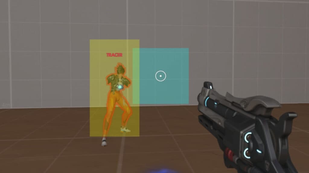 Tracer's hitbox appears in yellow and Cassidy's aim window is in blue (Image via Blizzard Entertainment)