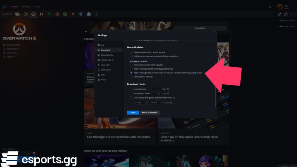 How to enable automatic Overwatch 2 updates (Screenshot via esports.gg)