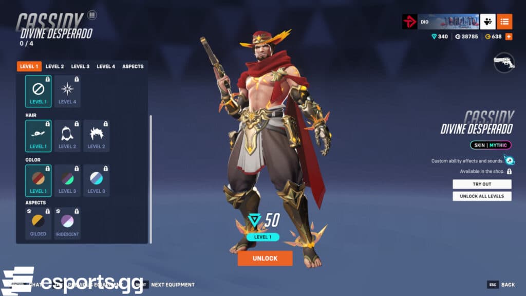 Divine Desperado Cassidy at level 1 (Screenshot via esports.gg)