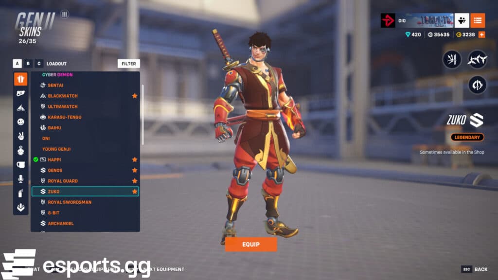Genji has many crossover skins in Overwatch 2 (Screenshot via esports.gg)