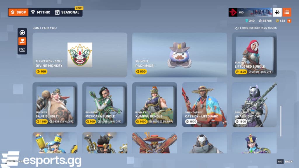 Overwatch 2's "Just For You" shop (Screenshot via esports.gg)