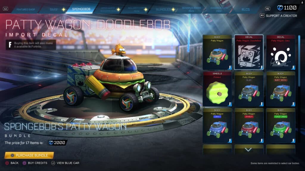 The SpongeBob Krabby Patty Wagon in Rocket League (Image via esports.gg)
