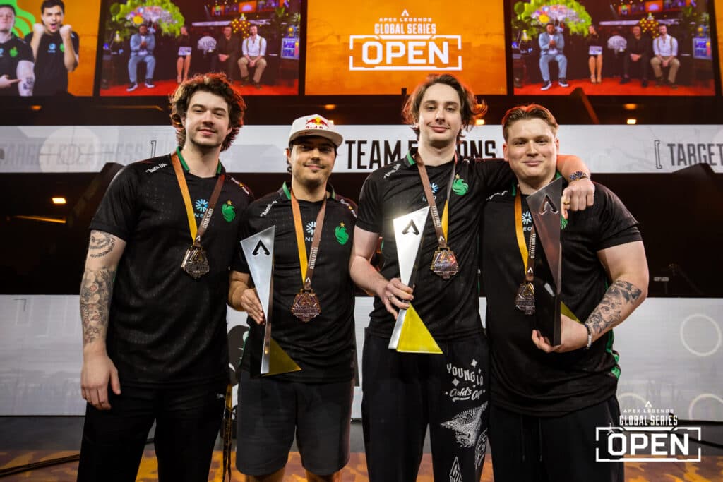 Team Falcons after their ALGS Year 5 Open win (L-R: Draugr, ImperialHal, Zer0, wxltzy) (Photo via ALGS / Joe Brady)