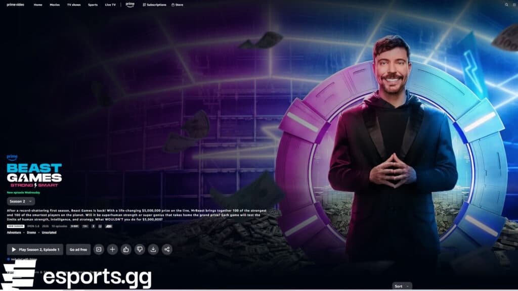 Beast Games Season 2 on Prime Video (Screenshot via esports.gg)