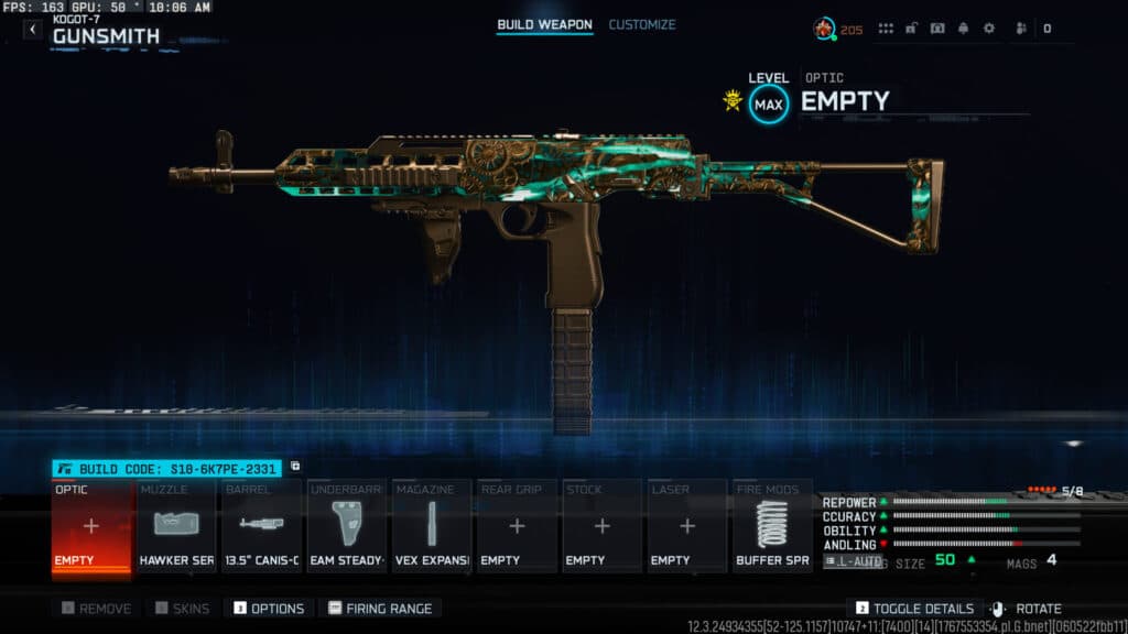 The Kogot-7 loadout in Warzone. Screenshot by esports.gg