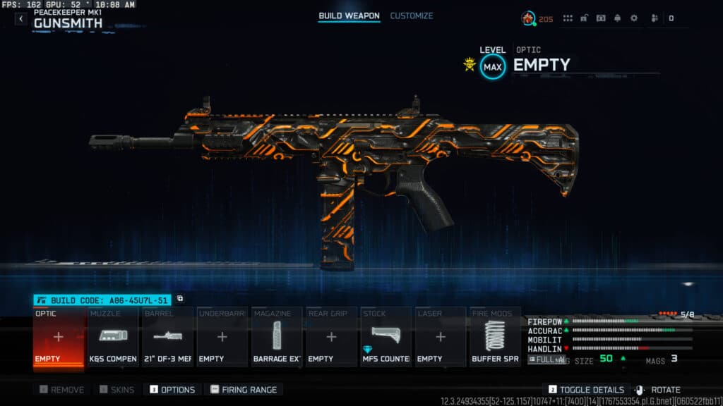 The Peacekeeper Mk1 loadout in Warzone. Screenshot by esports.gg