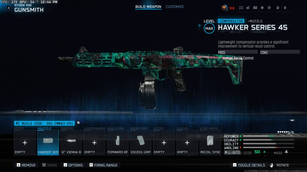 The Ryden 45K loadout in Warzone. Screenshot by esports.gg