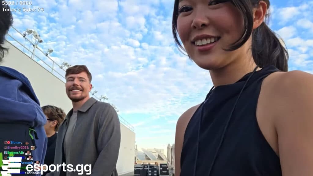 MrBeast and ExtraEmily (Image via ExtraEmily on Twitch | Screenshot via esports.gg)