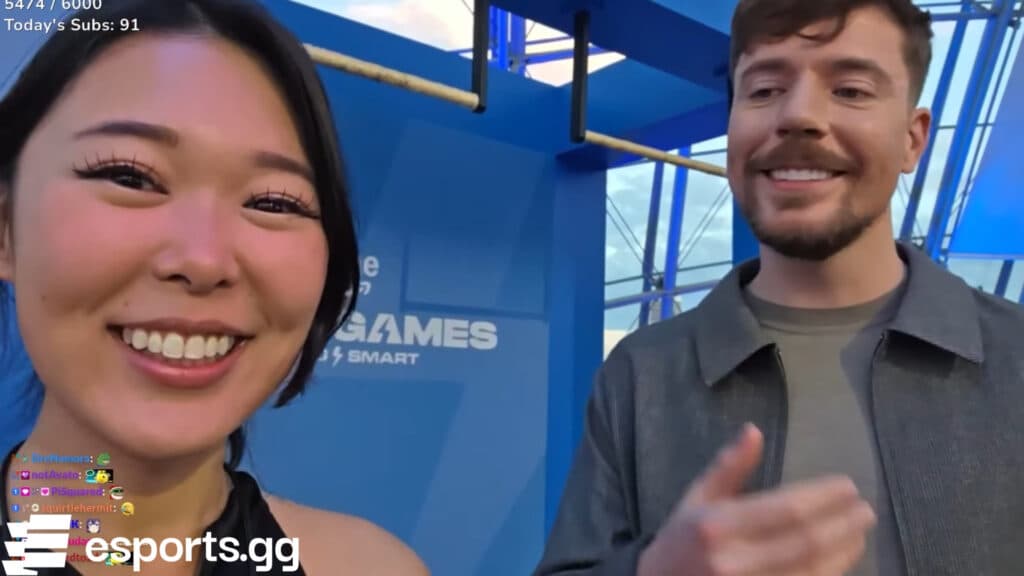 ExtraEmily tells MrBeast her joke (Image via ExtraEmily on Twitch | Screenshot via esports.gg)