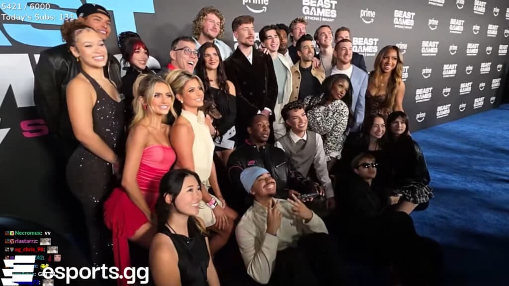 ExtraEmily at the Beast Games Season 2 event with other content creators and streamers (Image via ExtraEmily on Twitch | Screenshot via esports.gg)