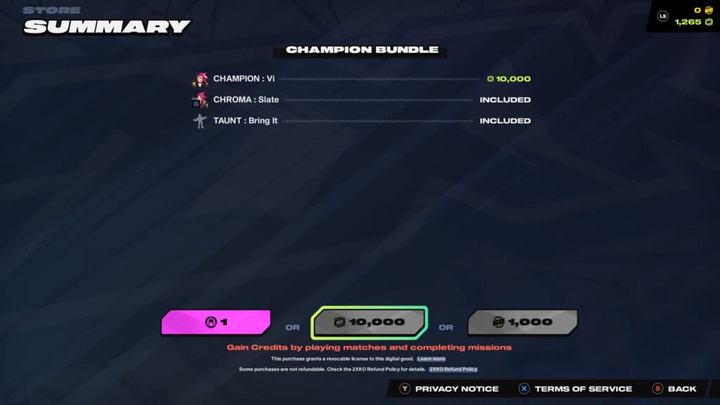 Vi's champion bundle in 2XKO (Screenshot via esports.gg)