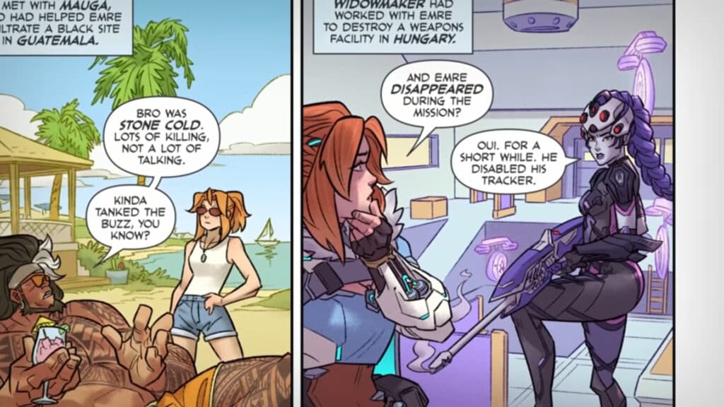 Freja asking Mauga and Widowmaker about Emre (Image via Blizzard Entertainment)
