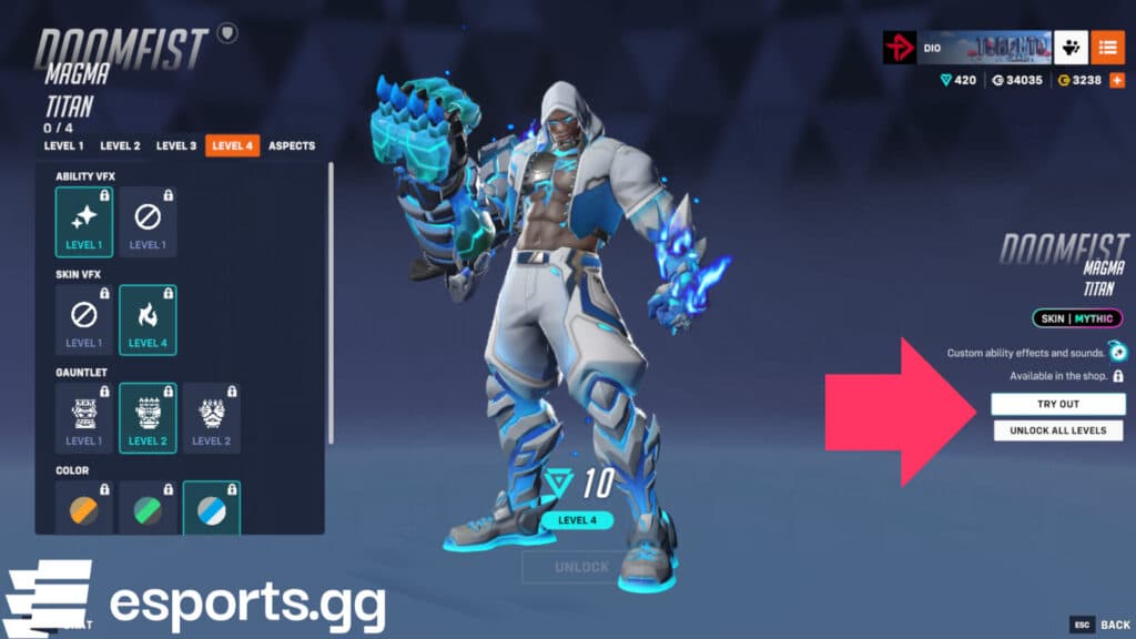 Try out the skin and its customizations by pressing this button (Screenshot via esports.gg)
