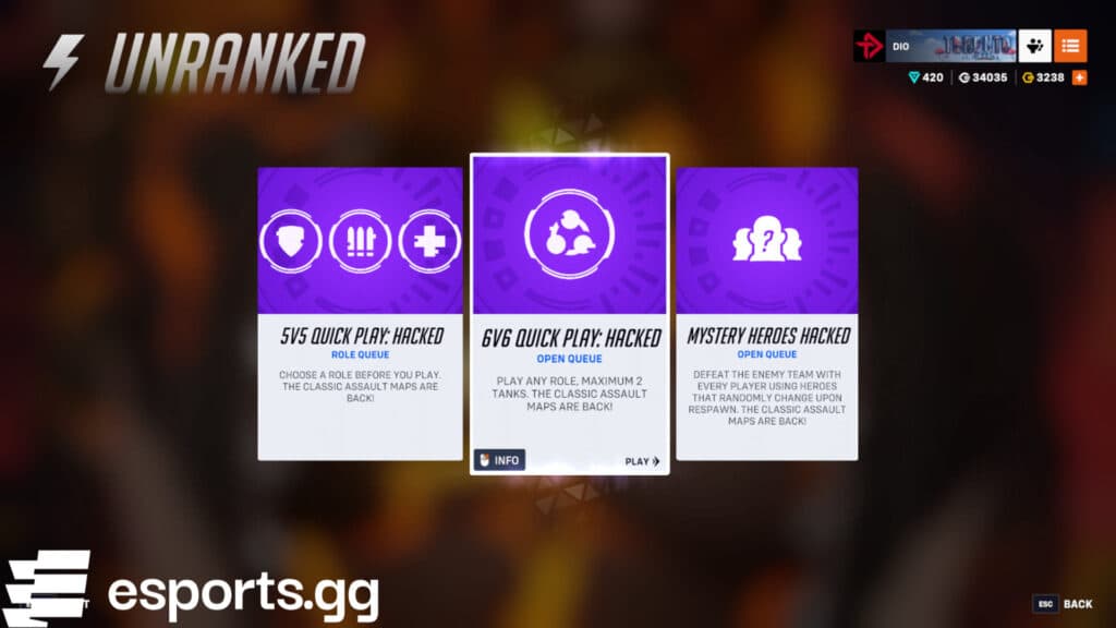 Options for Overwatch 2 Quick Play Hacked Assault (Screenshot via esports.gg)