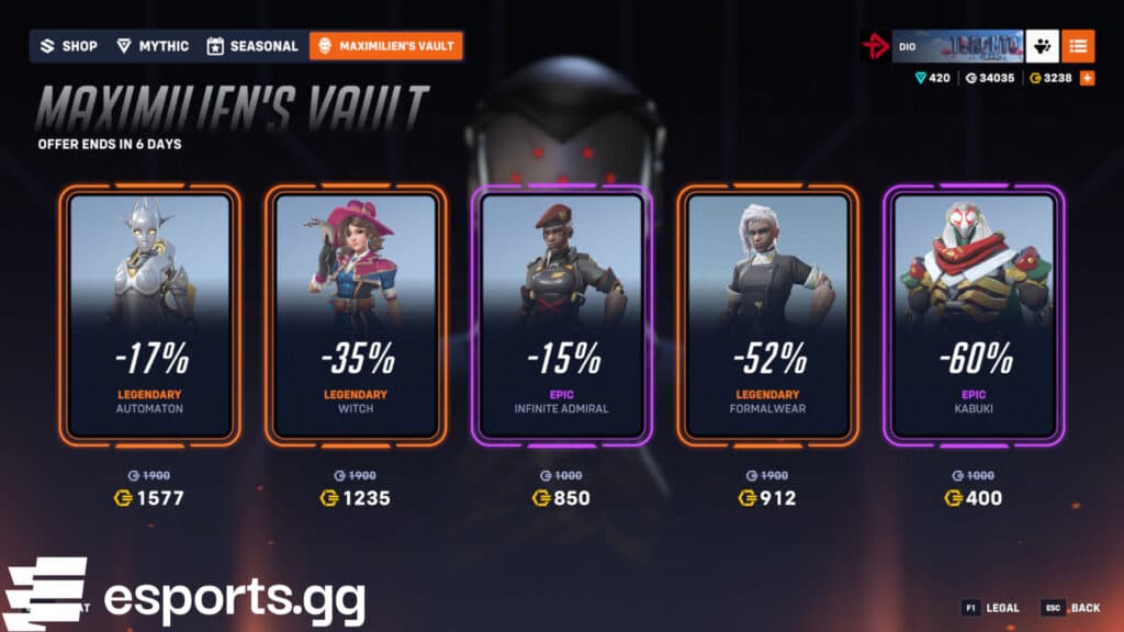 Our unique Overwatch 2 Maximilien's Vault shop rotation (Screenshot via esports.gg)