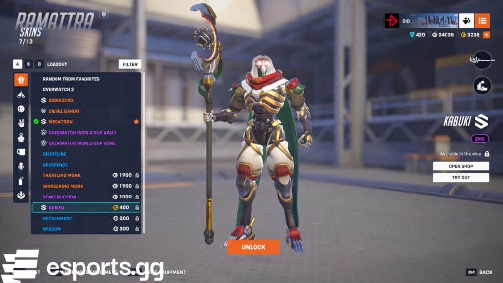 Ramattra skins at regular prices and a discounted price in our hero gallery (Screenshot via esports.gg)