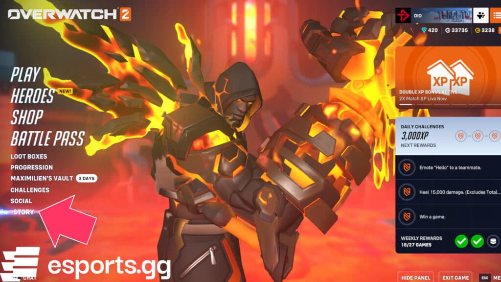 This is where the Overwatch 2 story feature is located (Screenshot via esports.gg)