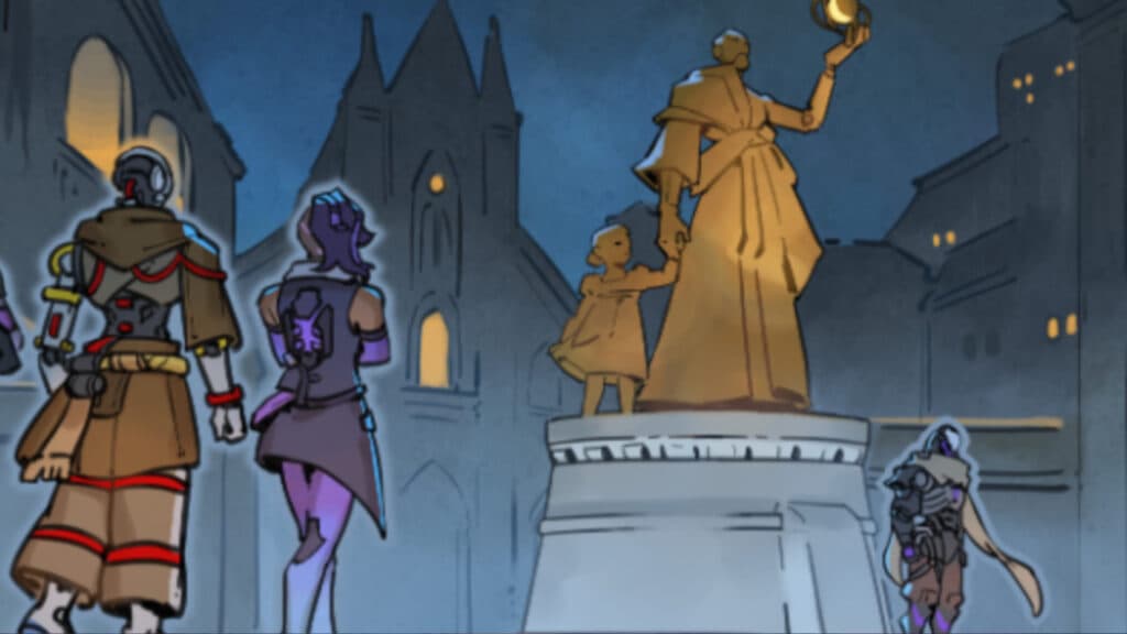 Zenyatta and Ramattra meeting up under Mondatta's statue (Image via Blizzard Entertainment)