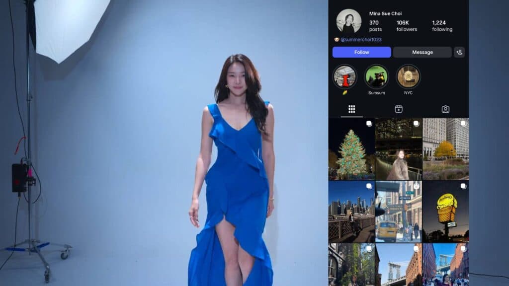 Choi Mina Sue during a photoshoot and on Instagram