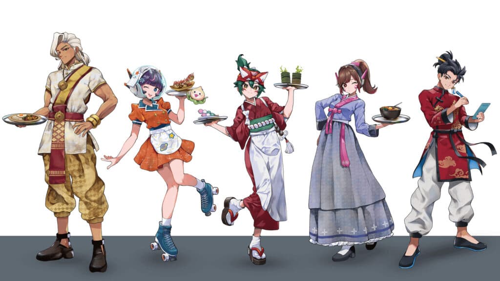 A new illustration featuring Lifeweaver, Juno, Kiriko, D.Va, and Wuyang to celebrate the Overwatch 2 cafe collaboration (Image via Blizzard Entertainment | eSPORTS CAFE AIM | DiCE)