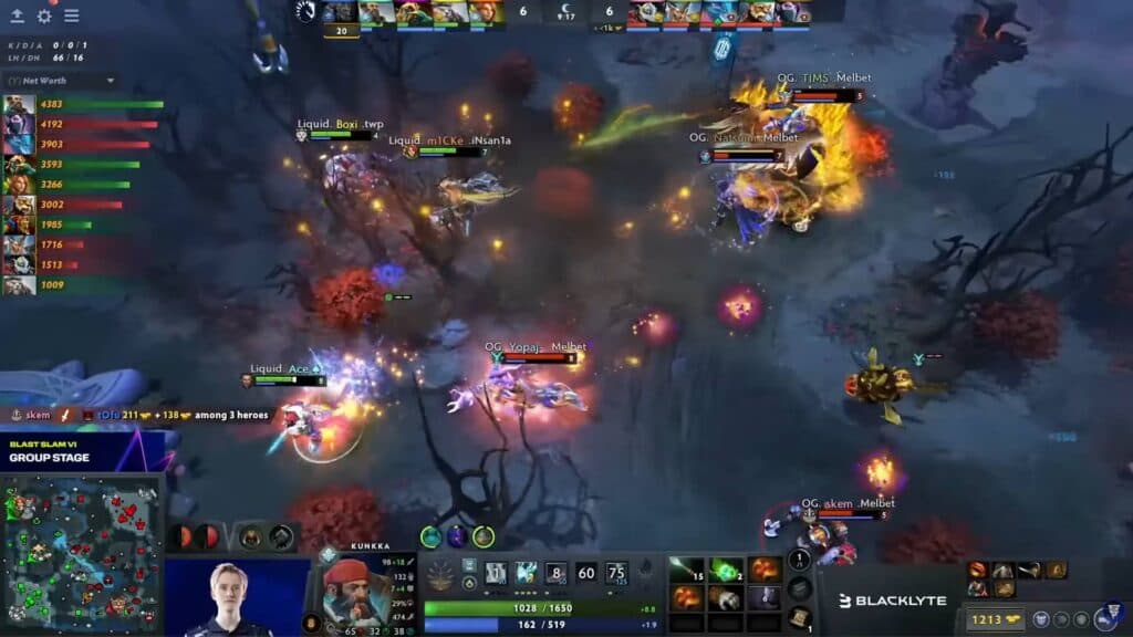 A professional Dota 2 match featuring OG and Team Liquid (Image via BLAST Slam Dota 2 YouTube Channel)
