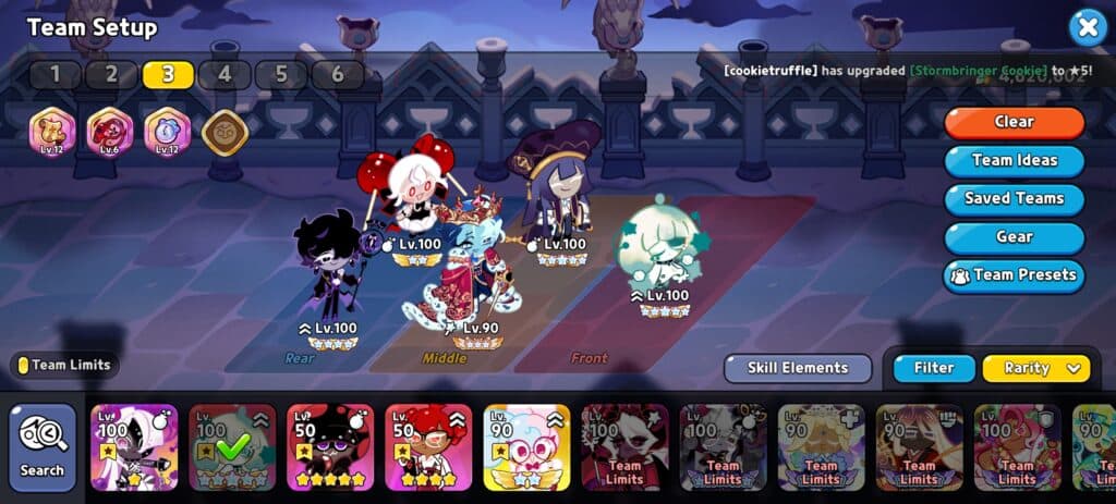 The recommended Pom-pom Dough Red Velvet Dragon Guild Battle team. (Screenshot via esports.gg)