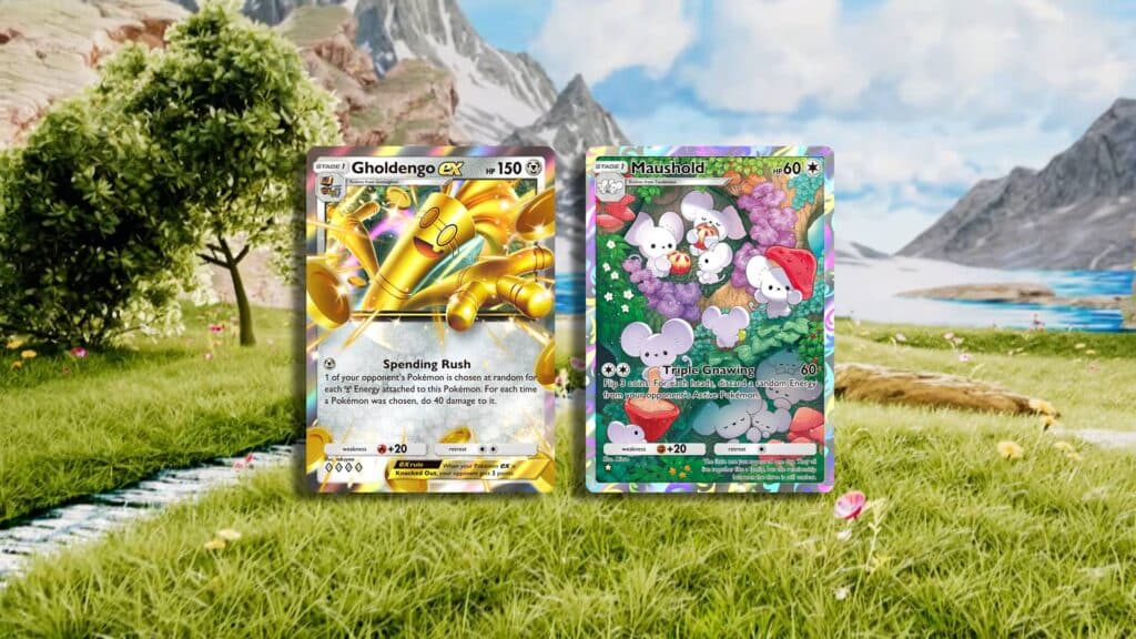 Gholdengo ex and Maushold cards in Paldean Wonders (Image via esports.gg)