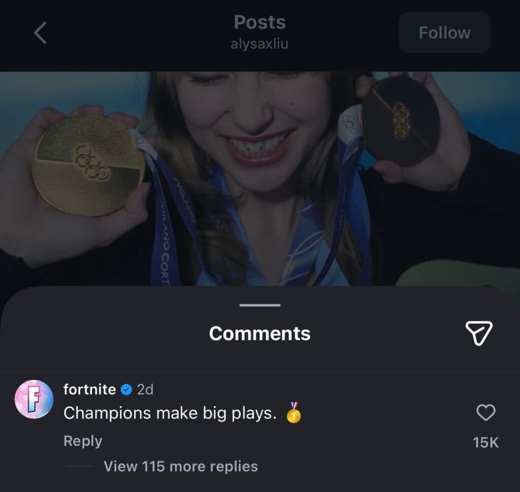 Fortnite's Instagram comment (Image via Alysa Liu)
