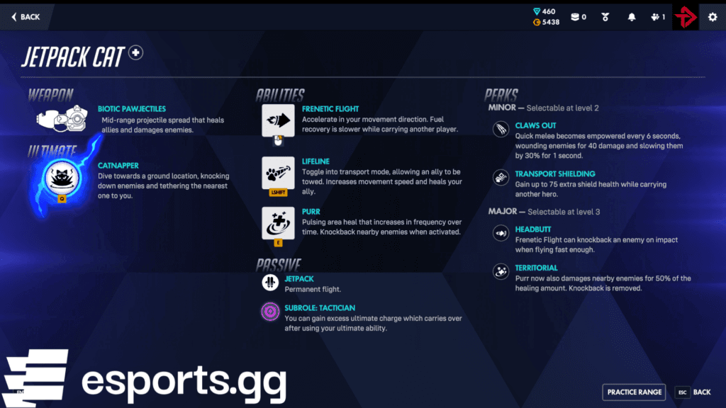 Jetpack Cat's kit, including her abilities and perks (Screenshot via esports.gg)