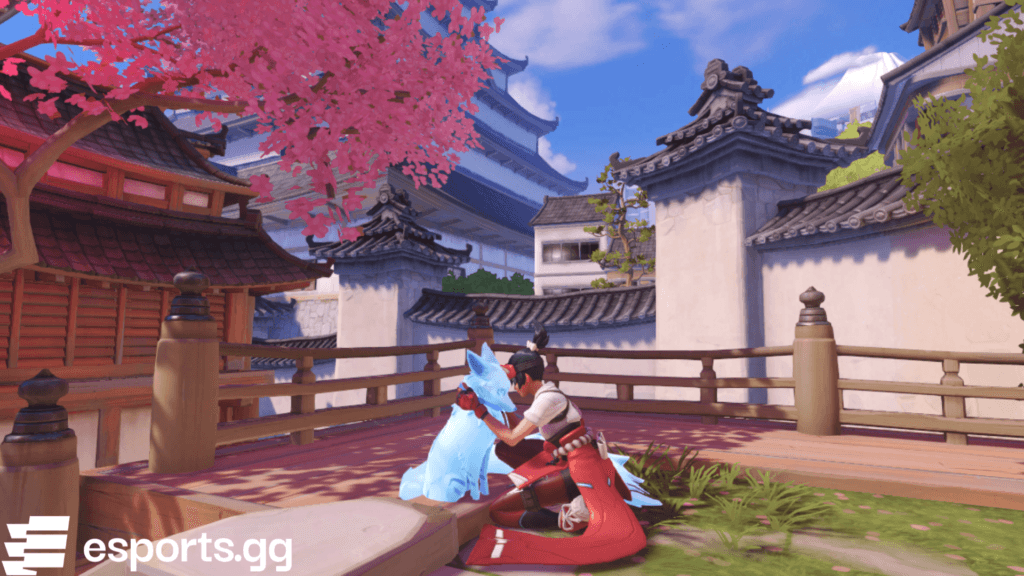 Kiriko with her fox spirit in Overwatch (Screenshot via esports.gg)