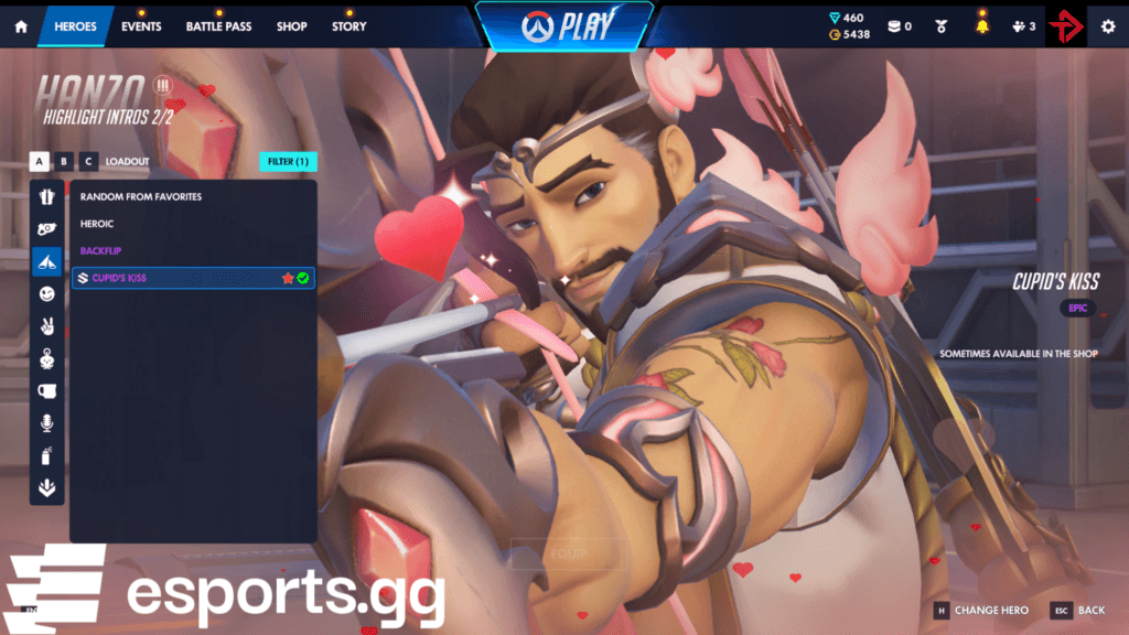 Visit the "Heroes" tab and select Hanzo to customize his loadout (Screenshot via esports.gg)
