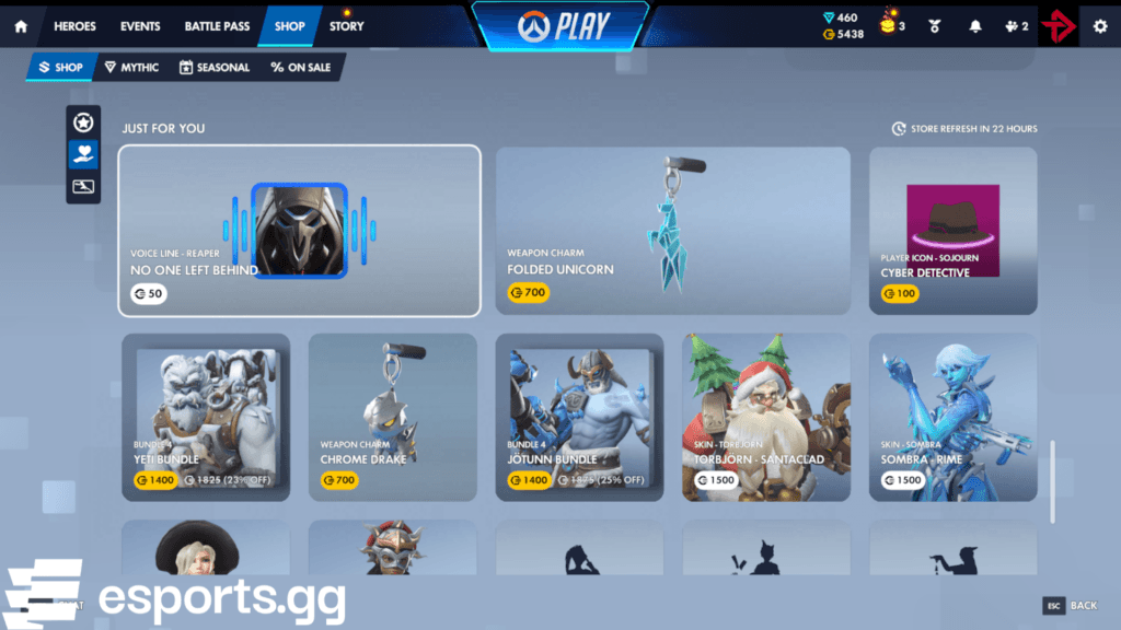 Overwatch's "Just For You" shop (Screenshot via esports.gg)